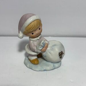 Vintage Homco child with Christmas bag Santa hat ceramic figurine